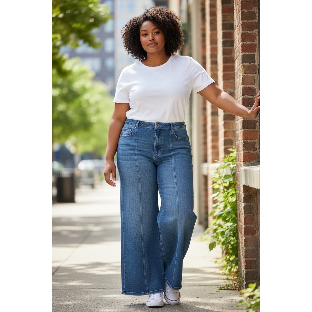 Michael Kors Carmen Wide Leg Jeans Super High Rise Front Seam‎ Blue Wash 16 NWT
